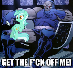 Size: 310x287 | Tagged: safe, lyra heartstrings, censored, darkseid, image macro, sitting, sitting lyra