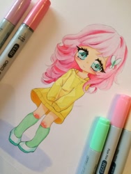 Size: 1024x1365 | Tagged: safe, artist:pinkiepastelcat, fluttershy, butterfly, human, chibi, clothes, cute, drawing, female, high heels, humanized, looking at you, marker, marker drawing, paper, photo, shoes, shyabetes, smiling, socks, solo, traditional art, watermark