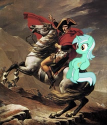 Size: 1001x1171 | Tagged: safe, artist:jacques-louis david, edit, lyra heartstrings, marengo, horse, horse-pony interaction, napoleon bonaparte, napoleon crossing the alps, painting, ponies riding horses, sitting, sitting lyra