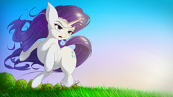 Size: 4800x2700 | Tagged: safe, artist:maneingreen, rarity, pony, unicorn, female, field, galloping, mare, solo