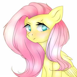 Size: 1600x1600 | Tagged: safe, artist:aldi25, fluttershy, pegasus, pony, collaboration, bust, folded wings, looking at you, looking sideways, no pupils, portrait, simple background, sitting, solo, white background