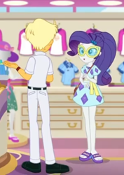 Size: 446x630 | Tagged: safe, screencap, ragamuffin (equestria girls), rarity, better together, equestria girls, spring breakdown, arms, clothes, cropped, feet, female, geode of shielding, glasses, legs, magical geodes, male, open-toed shoes, pants, ponytail, sandals, shoes, skirt
