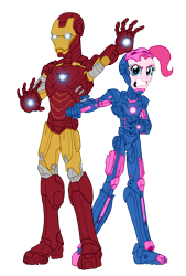 Size: 2798x4140 | Tagged: safe, artist:edcom02, artist:jmkplover, pinkie pie, human, equestria girls, absurd resolution, angry, armor, crossover, duo, faic, gritted teeth, iron man, marvel, superhero, tony stark