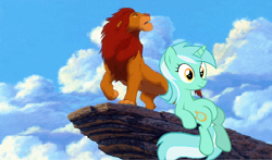 Size: 500x293 | Tagged: safe, lyra heartstrings, crossover, pride rock, simba, sitting, sitting lyra, the lion king