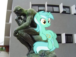 Size: 600x450 | Tagged: safe, artist:auguste rodin, lyra heartstrings, human, pony, building, craft, female, irl, male, meme, photo, ponies in real life, sculpture, sitting, sitting lyra, statue, the thinker, vector, window