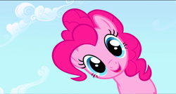 Size: 1360x730 | Tagged: safe, screencap, pinkie pie, earth pony, pony, the ticket master, cloud, cute, diapinkes, female, looking at you, mare, offscreen character, open mouth, pov, smiling, solo