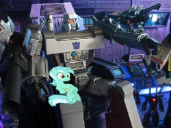 Size: 506x379 | Tagged: safe, lyra heartstrings, laserbeak, megatron, sitting, sitting lyra, transformers