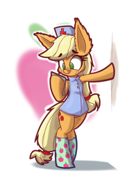 Size: 900x1300 | Tagged: safe, artist:heir-of-rick, applejack, earth pony, pony, semi-anthro, bipedal, clothes, nurse, nurse outfit, socks, solo