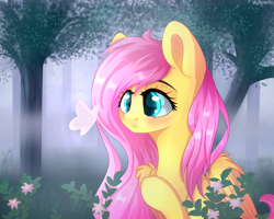 Size: 1500x1200 | Tagged: safe, artist:mitralexa, fluttershy, butterfly, pegasus, pony, blushing, cute, flower, forest, shyabetes, solo, tree