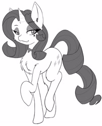 Size: 2696x3344 | Tagged: safe, artist:steelsoul, rarity, pony, unicorn, cheek fluff, chest fluff, collar, leg fluff, looking at you, monochrome, raised hoof, simple background, solo