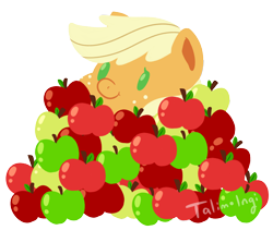 Size: 5000x4210 | Tagged: safe, artist:talim_stuff, applejack, earth pony, pony, absurd resolution, apple, chibi, cute, food, hatless, jackabetes, missing accessory, pile, solo, that pony sure does love apples