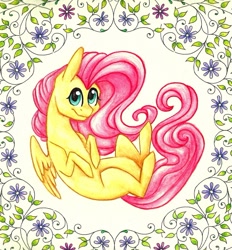 Size: 1024x1103 | Tagged: safe, artist:twixyamber, fluttershy, pegasus, pony, flower, smiling, solo, traditional art