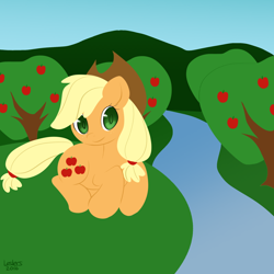 Size: 1100x1100 | Tagged: safe, artist:leslers, applejack, earth pony, pony, apple, food, solo, tree, water