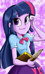 Size: 792x1296 | Tagged: safe, artist:davidsfire, artist:lunchie, derpibooru import, twilight sparkle, equestria girls, rainbow rocks, book, credits, smiling, solo