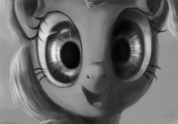 Size: 1808x1264 | Tagged: safe, artist:cesiummagnesium, pinkie pie, earth pony, pony, bust, close-up, cute, detailed, diapinkes, eye, eyes, grayscale, happy, looking at you, monochrome, open mouth, portrait, realistic, smiling, solo, traditional art
