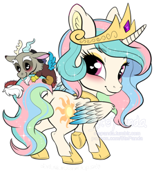 Size: 900x1007 | Tagged: safe, artist:stepandy, discord, princess celestia, alicorn, draconequus, pony, blushing, butt, chibi, chibilestia, clothes, cloven hooves, colored wings, colored wingtips, crown, cute, cutelestia, discute, dislestia, dock, female, happy, heart eyes, hug, jewelry, looking back, male, mare, necklace, obtrusive watermark, one hoof raised, plot, regalia, shipping, shoes, signature, simple background, size difference, smiling, sparkly mane, spread wings, standing, straight, sunbutt, tail hug, transparent background, watermark, wingding eyes, wings