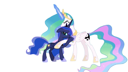 Size: 1920x1080 | Tagged: safe, edit, edited screencap, editor:childofthenight, screencap, princess celestia, princess luna, alicorn, pony, a royal problem, background removed, duo, ethereal mane, female, glowing horn, hug, looking at you, magic, magic aura, mare, royal sisters, simple background, transparent background