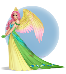 Size: 2400x2700 | Tagged: safe, artist:laikahart, fluttershy, human, clothes, colored wings, colored wingtips, dress, ear piercing, earring, gala dress, gown, humanized, jewelry, piercing, solo, winged humanization, wings