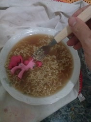 Size: 1920x2560 | Tagged: safe, pinkie pie, bowl, food, fork, funko, hand, instant noodles, irl, noodles, photo, ramen, toy, wat, why