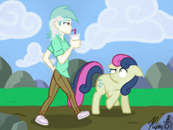 Size: 600x450 | Tagged: safe, artist:kymsnowman, bon bon, lyra heartstrings, sweetie drops, earth pony, human, pony, cup, drink, duo, humanized