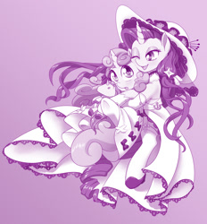 Size: 1280x1379 | Tagged: safe, artist:dstears, rarity, sweetie belle, pony, unicorn, aircraft carrier, anchor, azur lane, bow, clothes, crossover, cute, diasweetes, doll, dress, evening gloves, female, gloves, hat, illustrious (azur lane), long gloves, monochrome, one eye closed, pink background, raribetes, shoes, simple background, sisters, smiling, sun hat, toy, underhoof, unicorn (azur lane)