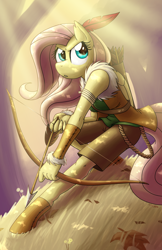 Size: 1024x1583 | Tagged: safe, artist:zaron, fluttershy, anthro, pegasus, unguligrade anthro, archer, arrow, bow (weapon), bow and arrow, clothes, quiver, solo, weapon