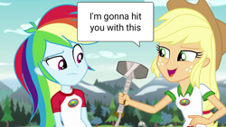 Size: 1280x720 | Tagged: safe, derpibooru exclusive, derpibooru import, edit, edited screencap, editor:katy木土, screencap, applejack, rainbow dash, equestria girls, legend of everfree, duo, duo female, female, hammer, text