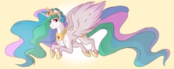 Size: 4000x1600 | Tagged: safe, artist:canisrettmajoris, princess celestia, alicorn, pony, crown, female, flying, jewelry, looking at you, mare, necklace, regalia, simple background, smiling, solo, spread wings, sun, yellow background