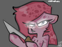 Size: 1024x768 | Tagged: safe, artist:terrifyinglagomorpha, pinkie pie, earth pony, pony, knife, looking at you, pinkamena diane pie, signature, simple background, solo