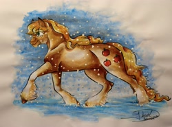 Size: 4260x3158 | Tagged: safe, artist:artmadebyred, applejack, earth pony, pony, snow, snowfall, solo, traditional art, unshorn fetlocks, watercolor painting