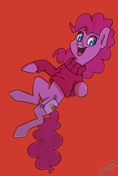 Size: 600x894 | Tagged: safe, artist:chibadeer, pinkie pie, earth pony, pony, clothes, cosplay, costume, fake cutie mark, gravity falls, mabel pines, red background, simple background, smiling, solo, sweater