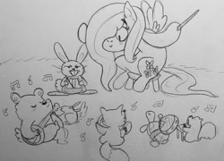 Size: 1280x923 | Tagged: safe, artist:pirateshenani, angel bunny, fluttershy, pegasus, pony, female, mare, traditional art