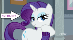 Size: 1272x712 | Tagged: safe, edit, edited screencap, screencap, ocellus, rarity, changedling, changeling, pony, unicorn, school daze, caption arrow, discovery family logo, disguise, disguised changeling, female, implied rarity, lol comments, mare, not rarity, ocellus being rarity, solo, squishy cheeks, truth