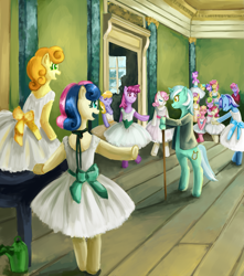 Size: 3407x3850 | Tagged: safe, artist:edgar degas, artist:rk-d, amethyst star, berry punch, berryshine, bon bon, carrot top, cloud kicker, daisy, dizzy twister, golden harvest, lily, lily valley, lyra heartstrings, minuette, orange swirl, parasol, rainbowshine, roseluck, sea swirl, seafoam, sparkler, sunshower raindrops, sweetie drops, twinkleshine, pony, ballerina, ballet, bipedal, classic art, clothes, dancing, dress, fine art parody, flower trio, high res, la classe de danse, parody