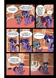 Size: 756x1057 | Tagged: safe, artist:leon-z, derpibooru import, spike, twilight sparkle, twilight sparkle (alicorn), alicorn, dragon, pony, comic:returns endings & beginnings, book, comic, female, golden oaks library, mare