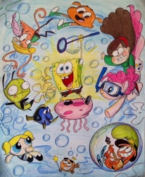 Size: 712x864 | Tagged: safe, artist:exkhale, pinkie pie, anthro, earth pony, fish, human, jellyfish, pony, blue tang, bubbles (powerpuff girls), camp lazlo, colored pencil drawing, cosmo, crossover, crossover nexus, darwin watterson, dory, finding nemo, gir, gravity falls, invader zim, lazlo, mabel pines, mare, spongebob squarepants, the amazing world of gumball, the fairly oddparents, the powerpuff girls, traditional art, underwater, wander (wander over yonder), wander over yonder