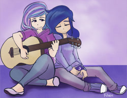 Size: 851x657 | Tagged: safe, artist:kprovido, princess celestia, princess luna, human, best sisters, converse, cute, cutelestia, duo, female, guitar, humanized, lunabetes, music, playing, shoes, sisters, sleeping, sneakers