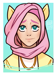 Size: 379x511 | Tagged: safe, artist:alvrexadpot, fluttershy, human, bust, heart eyes, hijab, humanized, islamashy, jewelry, necklace, simple background, solo, wingding eyes