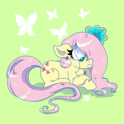 Size: 800x800 | Tagged: safe, artist:greenwiggly, fluttershy, pegasus, pony, crossed hooves, cutie mark, female, floppy ears, flower, flower in hair, frown, green background, prone, sad, simple background, solo, wingless