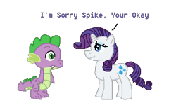 Size: 421x265 | Tagged: safe, artist:drypony198, rarity, spike, dragon, pony, unicorn, female, horn, male, mare, text