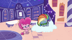 Size: 1920x1080 | Tagged: safe, derpibooru import, screencap, pinkie pie, rainbow dash, earth pony, pegasus, pony, my little pony: pony life, pinkie pie: hyper-helper, spoiler:pony life s01e06, caring for the sick, cloud, comforting, cute, dashabetes, diapinkes, female, green face, mare, on a cloud, sick, spoon