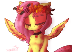 Size: 1828x1332 | Tagged: safe, artist:slynecallisto, fluttershy, pegasus, pony, choker, crying, eyes closed, floral head wreath, flower, simple background, solo, spread wings