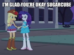 Size: 731x550 | Tagged: safe, edit, screencap, applejack, rarity, equestria girls, female, holding hands, image macro, implied rarijack, meme, text