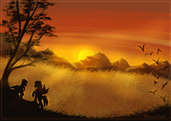 Size: 2038x1446 | Tagged: safe, artist:platinum feather, derpibooru import, oc, oc only, oc:precised note, bird, pegasus, pony, commission, countryside, cowboy hat, field, grass, grass field, hat, mountain, mountain range, one hoof raised, scenery, silhouette, spread wings, sun, sunset, tree, wallpaper, watermark, wings