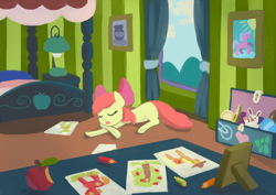 Size: 800x566 | Tagged: safe, artist:nottex, apple bloom, applejack, big macintosh, granny smith, earth pony, pony, apple, bed, crayon drawing, food, lamp, male, sleeping, stallion, toy, tree, window