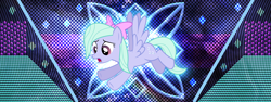 Size: 3840x1440 | Tagged: safe, artist:laszlvfx, artist:vladimirmacholzraum, derpibooru import, edit, flitter, pegasus, pony, bow, female, flying, hair bow, mare, solo, wallpaper, wallpaper edit