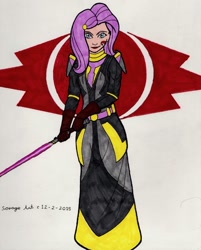 Size: 1024x1271 | Tagged: safe, artist:fires-storm, fluttershy, human, crossover, fluttersith, humanized, lightsaber, sith, solo, star wars, star wars: the old republic, traditional art, weapon