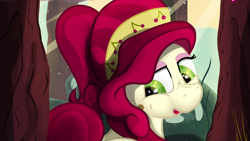 Size: 2562x1440 | Tagged: safe, artist:not_texmex, derpibooru exclusive, derpibooru import, cherry jubilee, pony, 16:9, cropped, female, looking back, outdoors, solo, tree, wallpaper