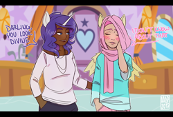 Size: 1004x684 | Tagged: safe, artist:alvrexadpot, fluttershy, rarity, human, blushing, chocolarity, clothes, dark skin, dialogue, eyes closed, hijab, horned humanization, humanized, islam, islamashy, jewelry, lidded eyes, makeup, necklace, open mouth, scarf, smiling, winged humanization, wings