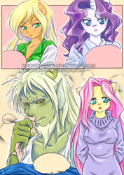 Size: 540x764 | Tagged: safe, artist:kyotoxart, applejack, discord, fluttershy, rarity, anthro, ..., comic, discoshy, female, male, pony coloring, shipping, sick, straight